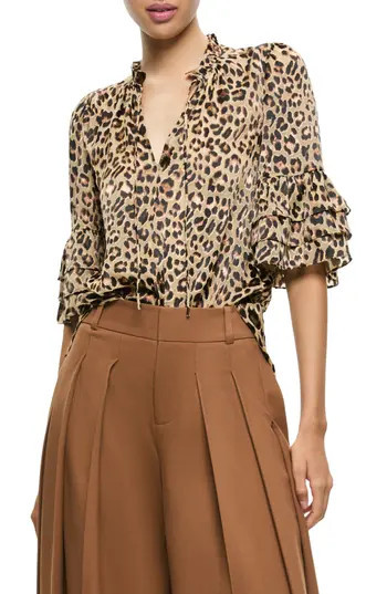 Alice + Olivia Willa Leopard Print Tiered Sleeve Top in Leopard Love at Nordstrom Rack, Size X-Large | Nordstrom Rack