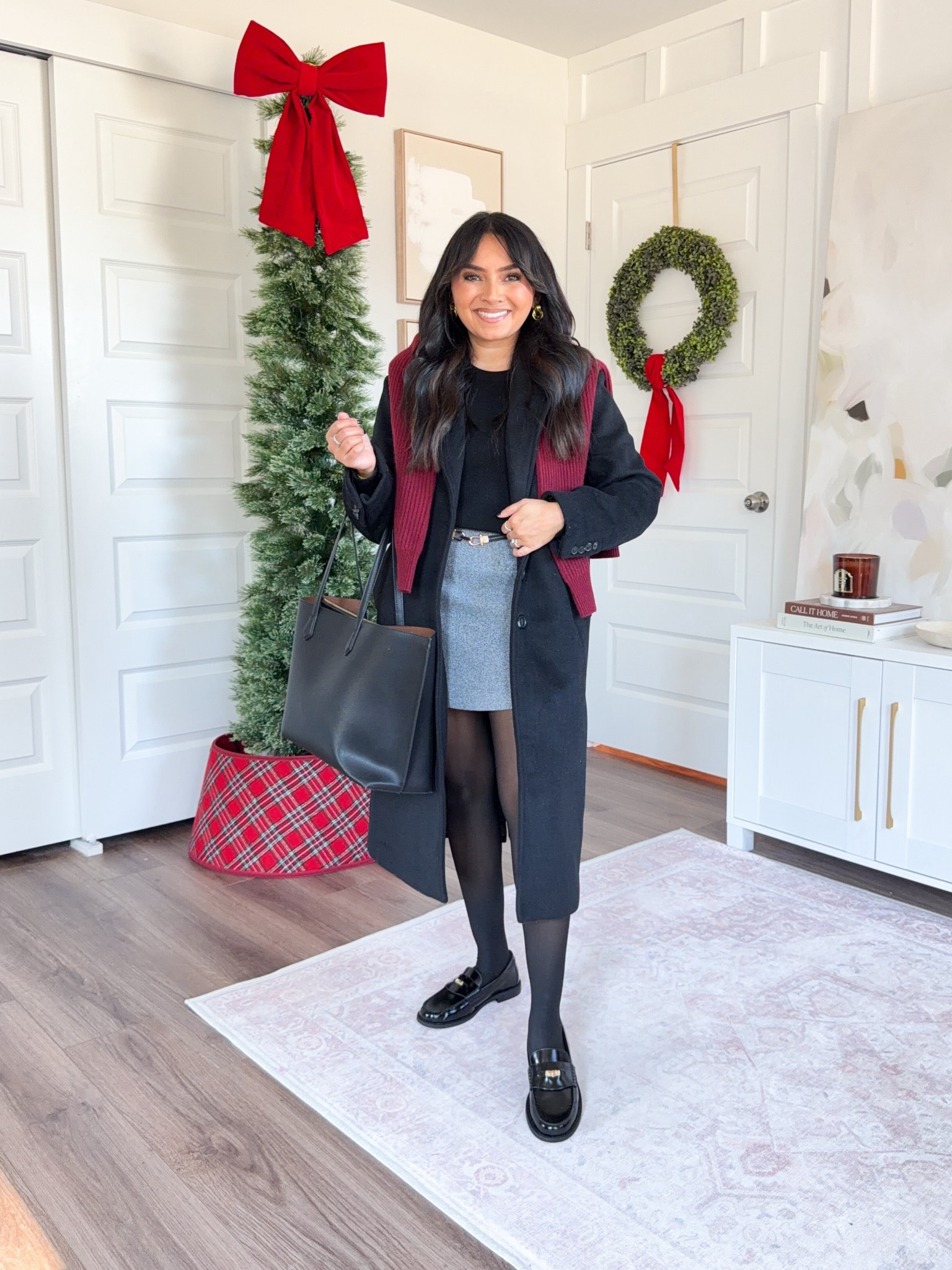 Black coat size xs petite TTS
Burgundy sweater - similar linked
Black sweater - similar linked
Gray boucle skirt size 2 TTS
Black tights size small TTS
Black loafers size 5 TTS


#LTKFindsUnder50 #LTKPetite #LTKFindsUnder100
