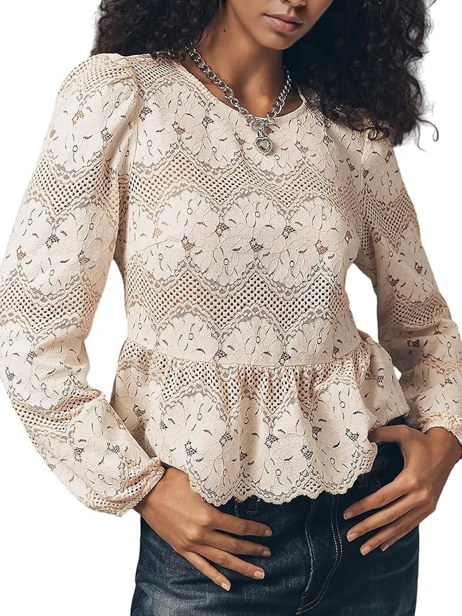 Womens Lace Peplum Blouse Long Sleeve Floral Hollow Out Croche Casual Dressy Shirt Tops | Amazon (US)