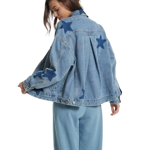 D-Sun Women Casual Denim Jacket Oversized Leopard Stars Printed Boyfriend Vintage Jean Jacket Coat with Pockets | Amazon (US)