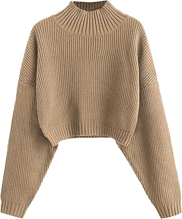 ZAFUL Suéter corto de mujer con cuello alto, manga farol, tejido de punto acanalado y sin botone... | Amazon (US)