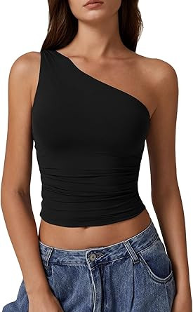 QINSEN Women's One Shoulder Tank Tops Double Lined Sleeveless Slim Fit Cropped Tee Shirt Y2k Tops | Amazon (US)
