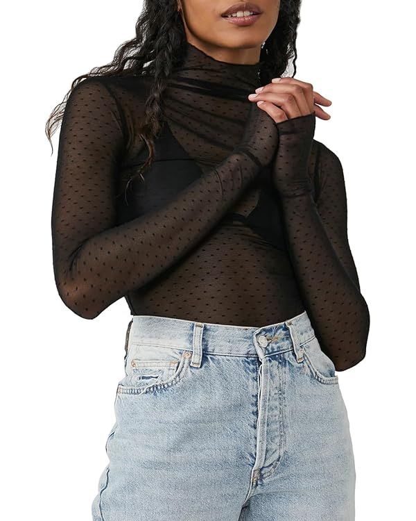 Sheer Mesh Long Sleeve Layering Top for Women Mock Neck Floral Lace Tshirt See Through Tee Shirt ... | Amazon (US)