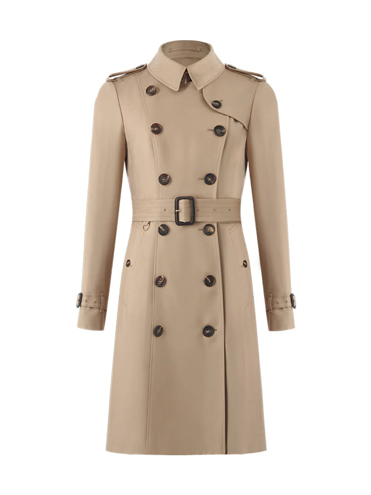 Worsted Wool Gathered Waist Double-Breasted Women Trench Coat | GOELIA