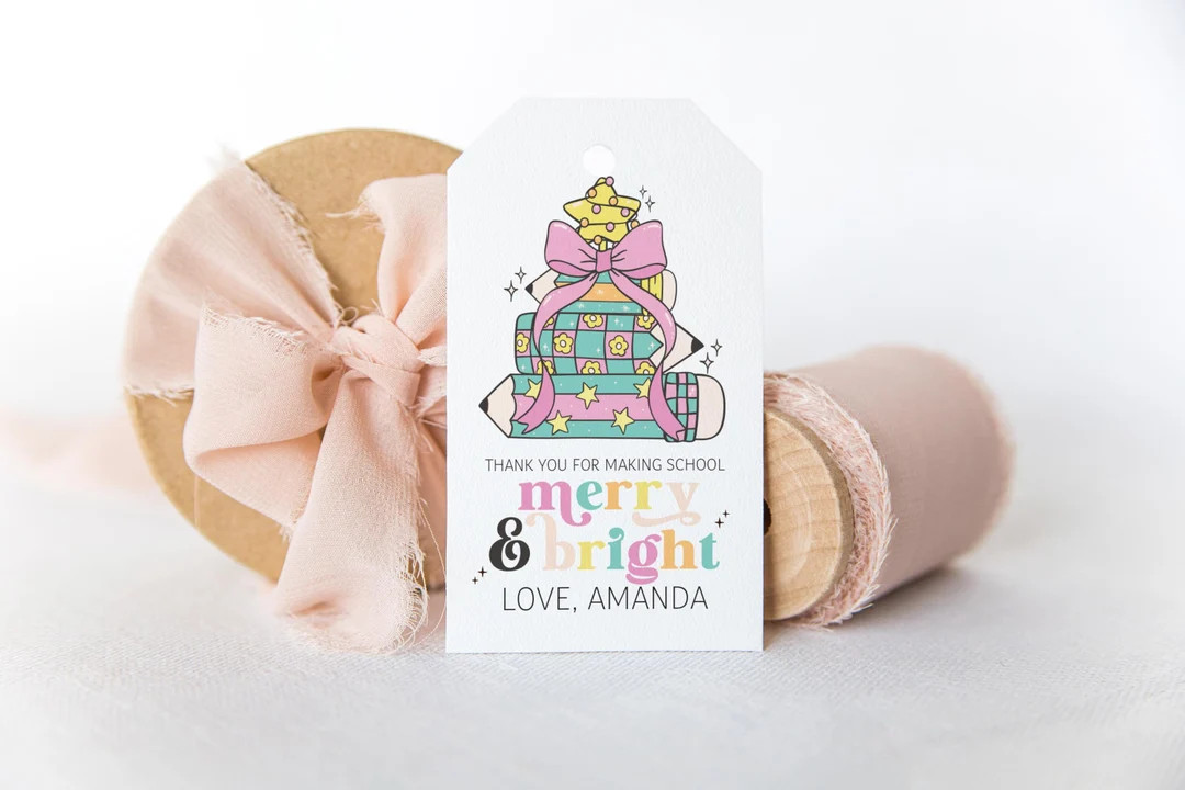 EDITABLE School Merry and Bright Christmas Gift Tag - Teacher Holiday Gift Tag - Crayon Teacher C... | Etsy (US)