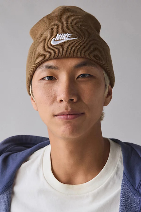 Nike Peak Futura Logo Beanie in Mosswood Brown/White, Men's at Urban Outfitters | Urban Outfitters (US and RoW)