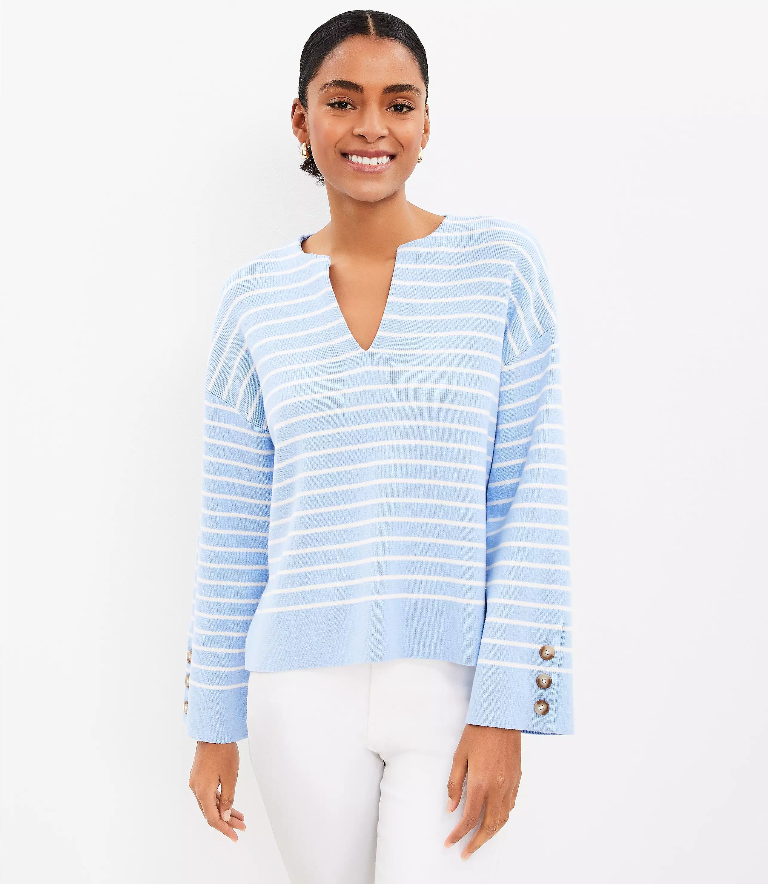 Striped Button Sleeve Split Neck Sweater | LOFT