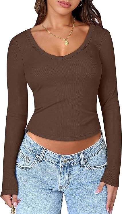ANRABESS Women Long Sleeve Shirts Crop Tops V Neck Tight Fit Ribbed Knit T Shirt Basic 2024 Fall ... | Amazon (US)
