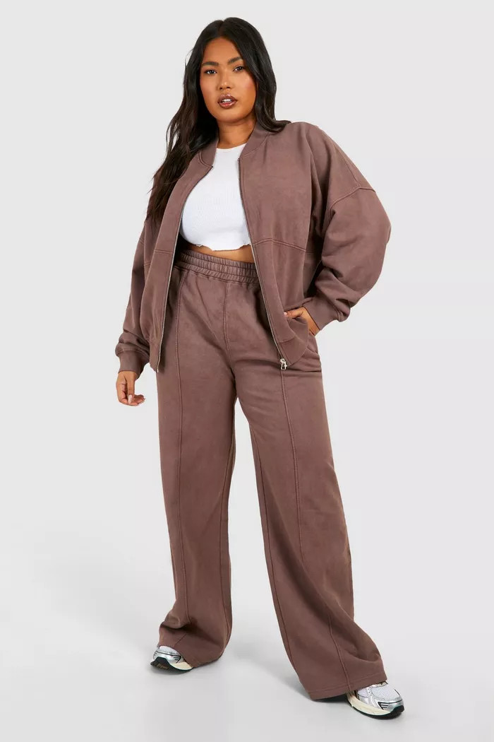 Plus Washed Zip Through Bomber Straight Leg Tracksuit | boohoo (US & Canada)