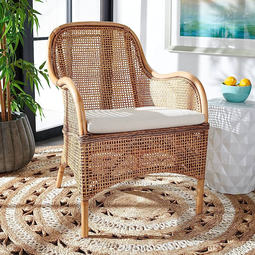 Safavieh Home Collection Charlie Dark Natural Rattan Cushion Accent Chair, 0, White Washed/White | Amazon (US)