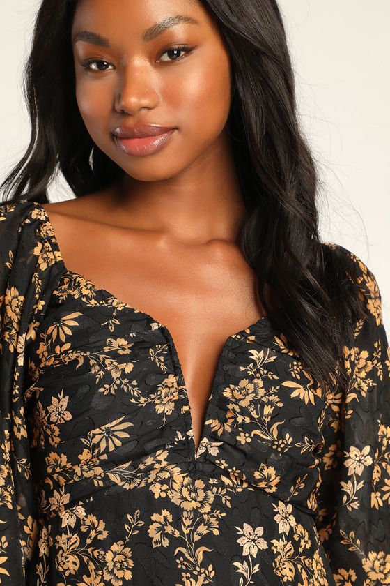 Dressed Up Darling Black Floral Balloon Sleeve Mini Dress | Lulus (US)