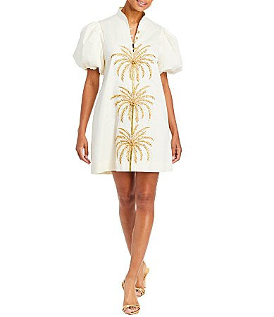Mestiza New York Elliana Poplin Palm Tree Embroidery Mandarian Collar Short Puff Sleeve Dress - XL | Dillard's