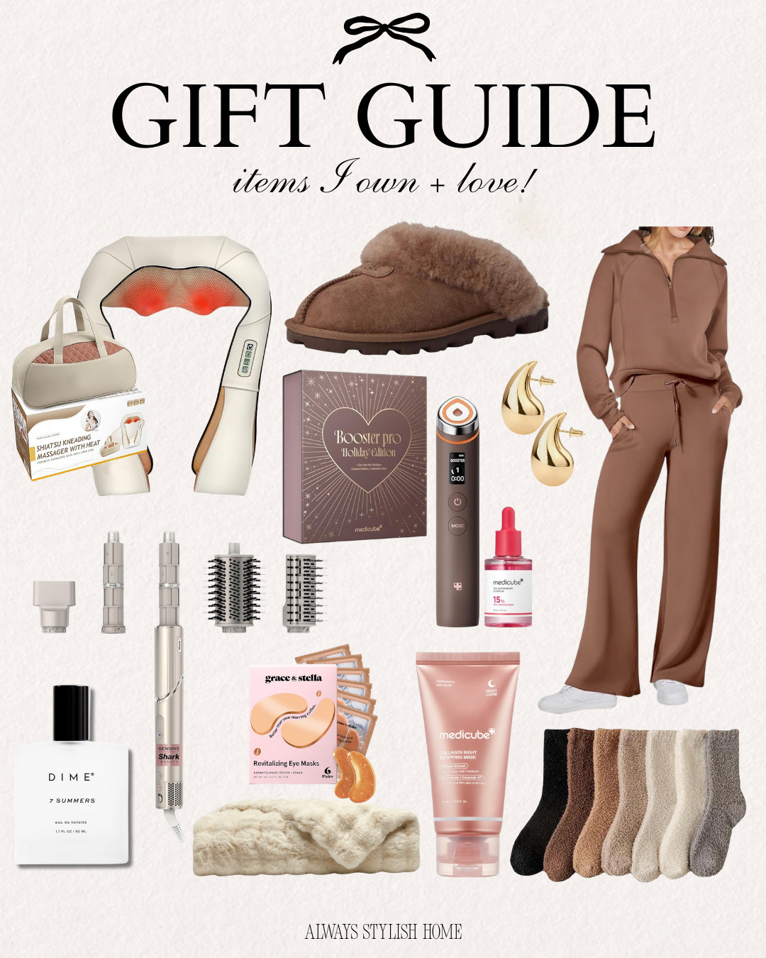 gift ideas - what I own and love! gifts for her, holiday gift guide, amazon gifts for her, neck massager, neutral lounge set, shark hair tool, medicube face mask, medicube amazon beauty, amazon beauty finds, cozy socks, dime perfume 

 #LTKGiftGuide #LTKHoliday #LTKSeasonal