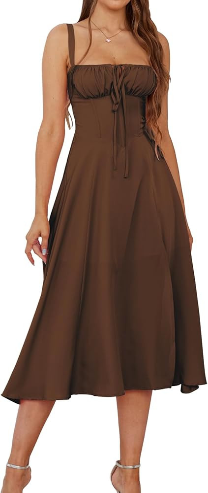 Floral Midi Corset Dress Boho Flowy Slit Lace Up Dresses for Women Going Out A Line Casual Sundre... | Amazon (US)
