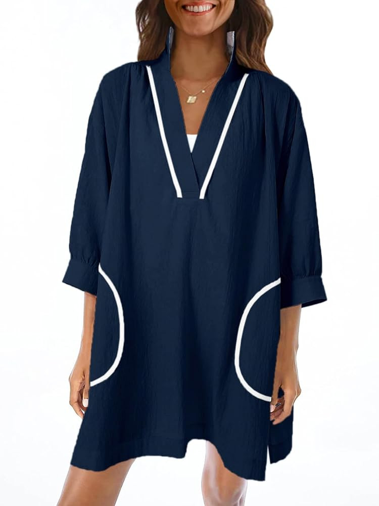 Saodimallsu Womens V Neck Swimsuit Coverup 3/4 Sleeve Color Block Oversized Cover ups Beach Mini ... | Amazon (US)