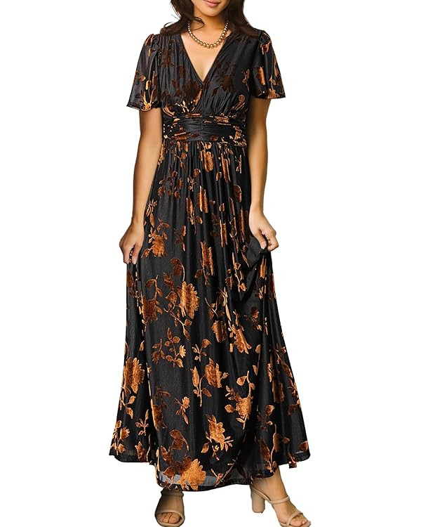 Simplee Women’s V Neck Velvet Maxi Dress Short Sleeve Empire Waist Long Formal Dress for Weddin... | Amazon (US)