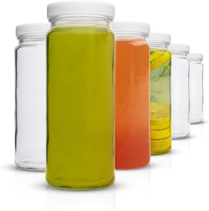 Clear Glass Water Bottles Set - 6 Pack Wide Mouth with Lids for Juice, Smoothies, Beverage Storag... | Amazon (US)