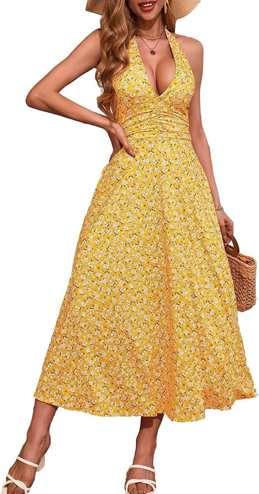 OURIN Women's Summer Halter Neck Sleeveless Beach Dress Floral Flowy A Line Maxi Dress 2024 with ... | Amazon (US)