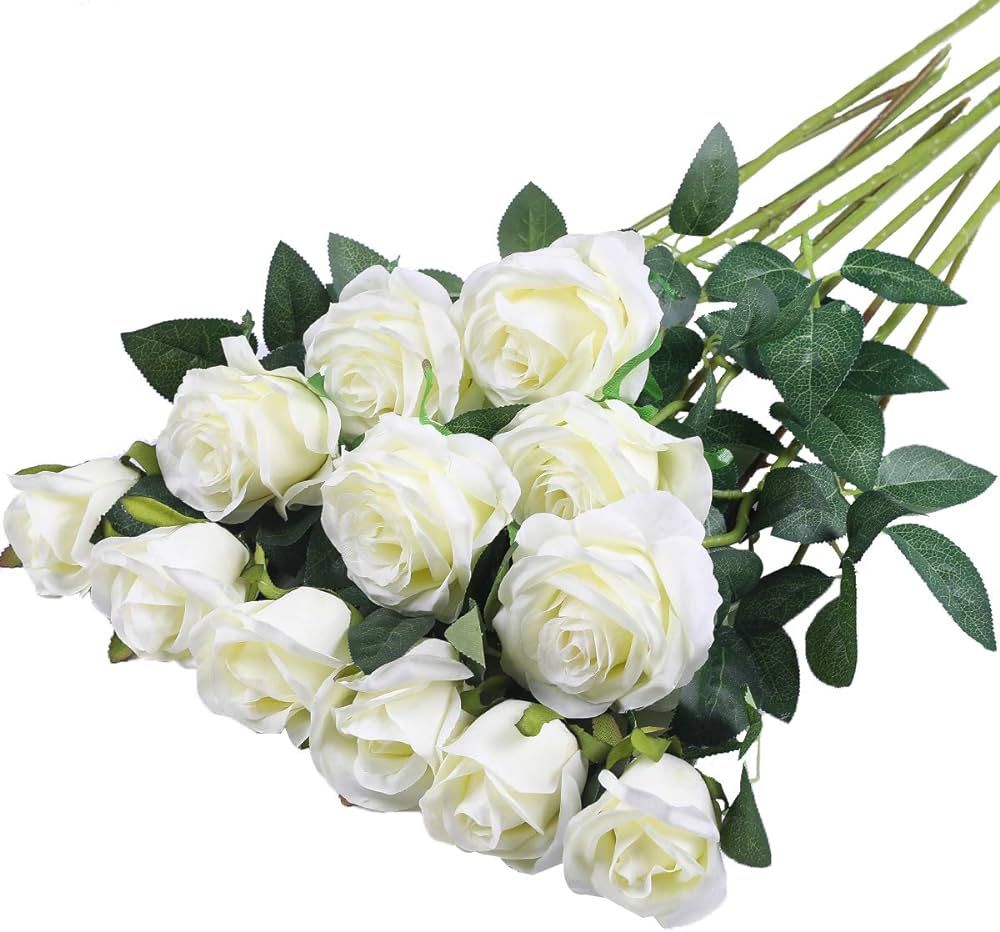 12PCS Artificial Silk Flowers Realistic Roses Bouquet Long Stem for Home Wedding Decoration Party... | Amazon (US)