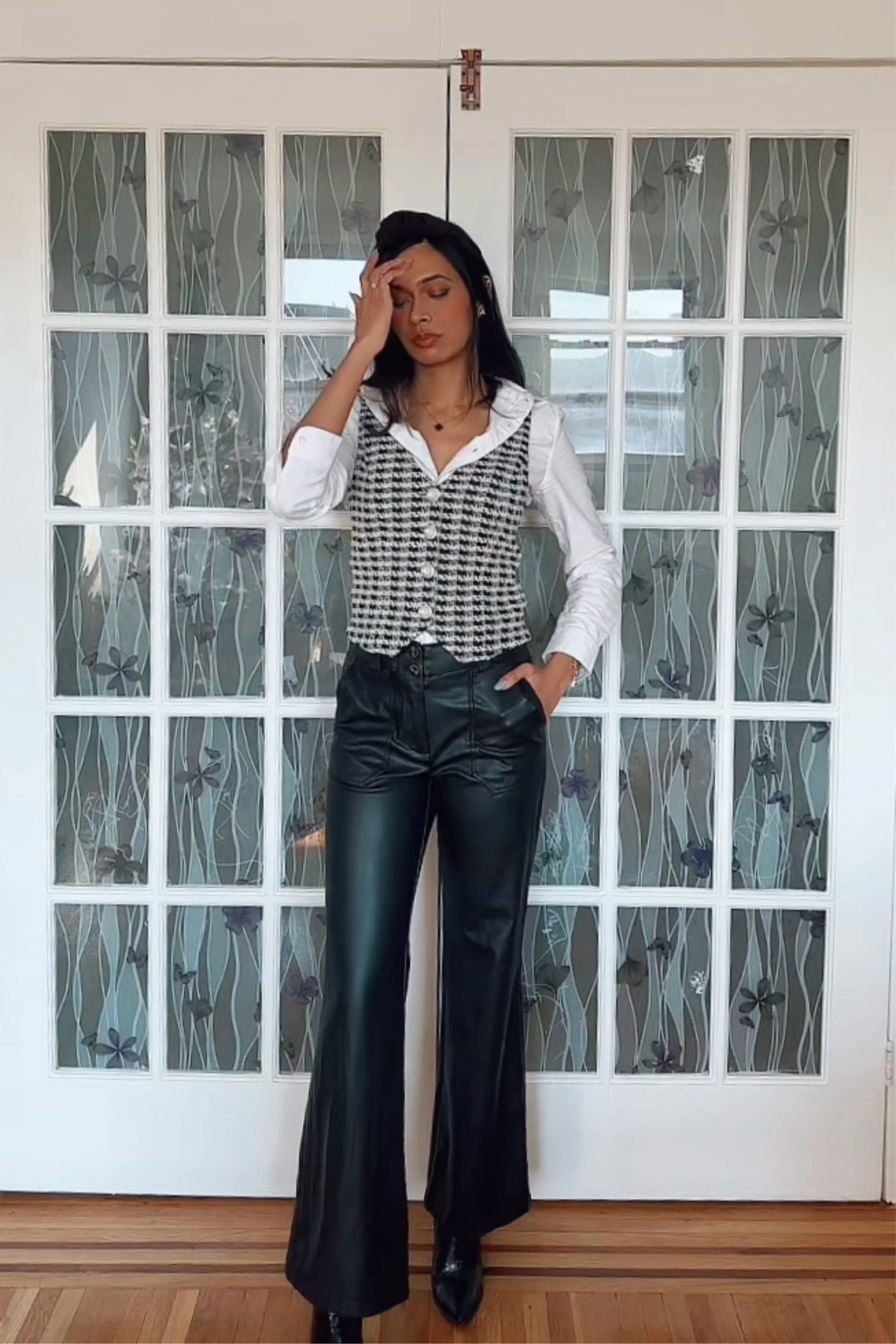 Winter chic with a mix of leather and houndstooth — the perfect combo of edgy and elegant. #WinterStyle #LeatherPants #TweedVibes #ChicAndCozy 
All originals are from Anthropologie; alternatives linked below  

#LTKSeasonal #LTKFindsUnder100 #LTKWorkwear
