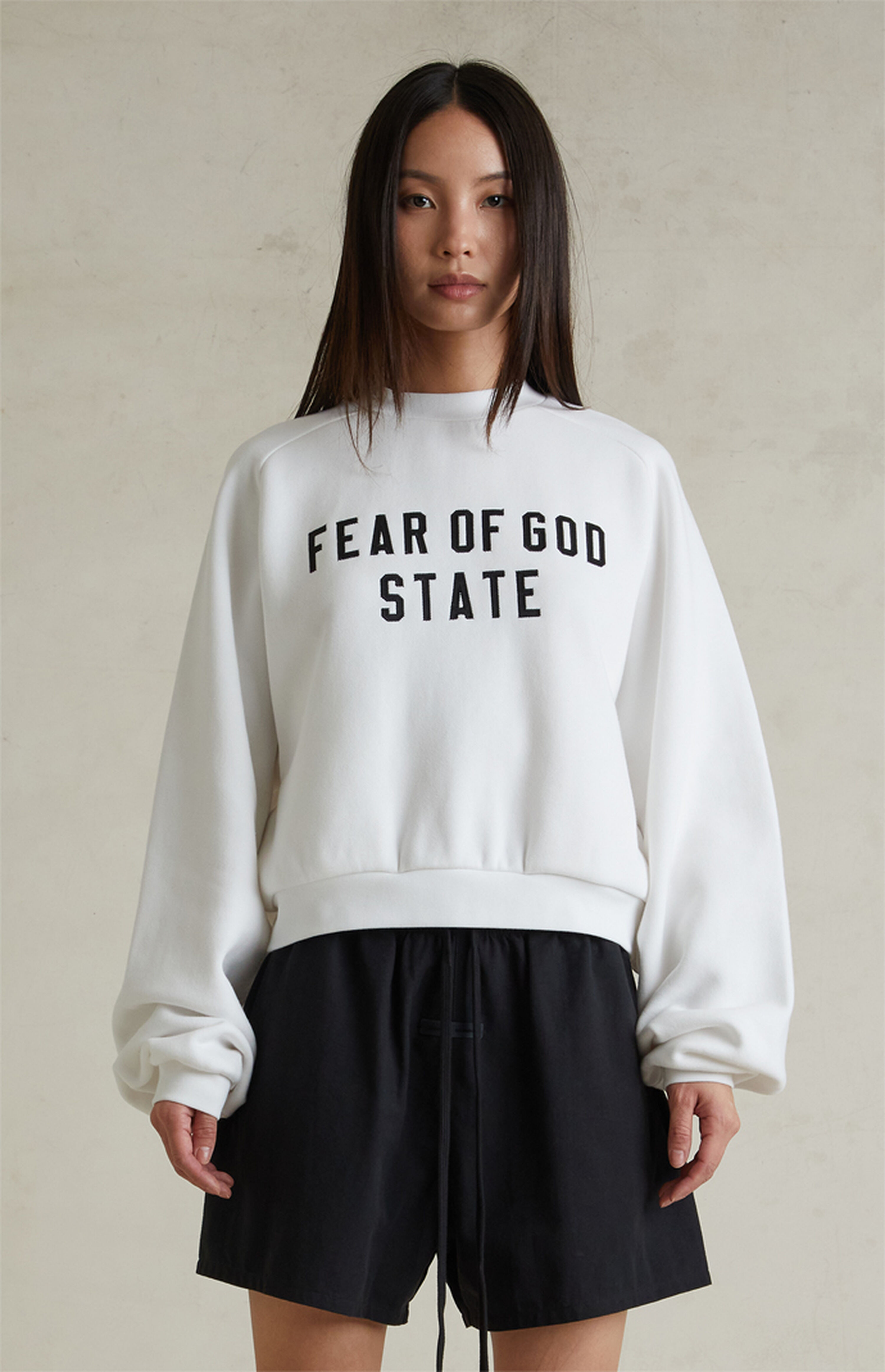 Fear of God ESSENTIALS Women's Bright White Fleece Cropped Crew Neck Sweatshirt | PacSun