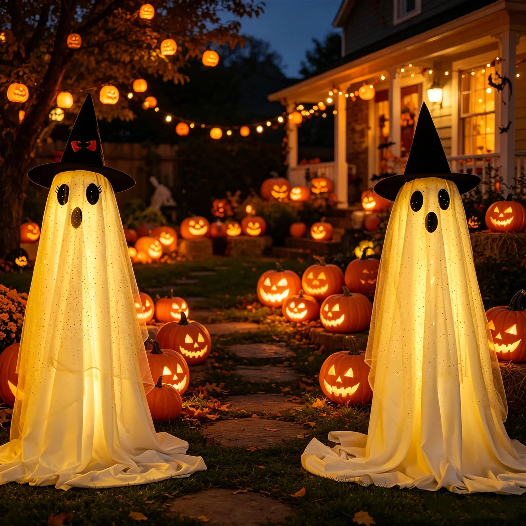 Outdoor Halloween Ghost Decorations 2 Pack,  Diy Ghost Kit Decor With Witch Hat Remote Control String Lights  For Lawn Patio Porch, Haunted House Part | Wayfair North America