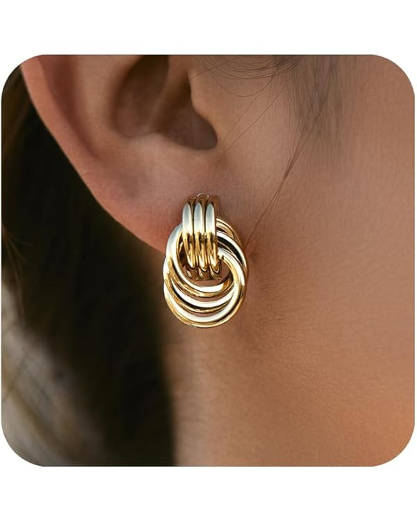 14K Gold Plated Chunky Gold Earrings for Women Knot Link Circle Statement Drop Dangle Earrings St... | Amazon (US)