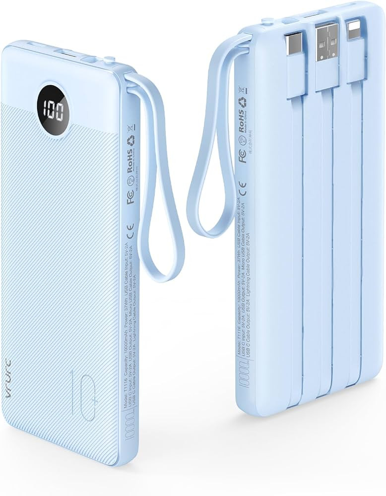 VRURC 10000mAh Power Bank Built-in Cables, Portable Charger with LED Display, Slim Travel Battery... | Amazon (US)