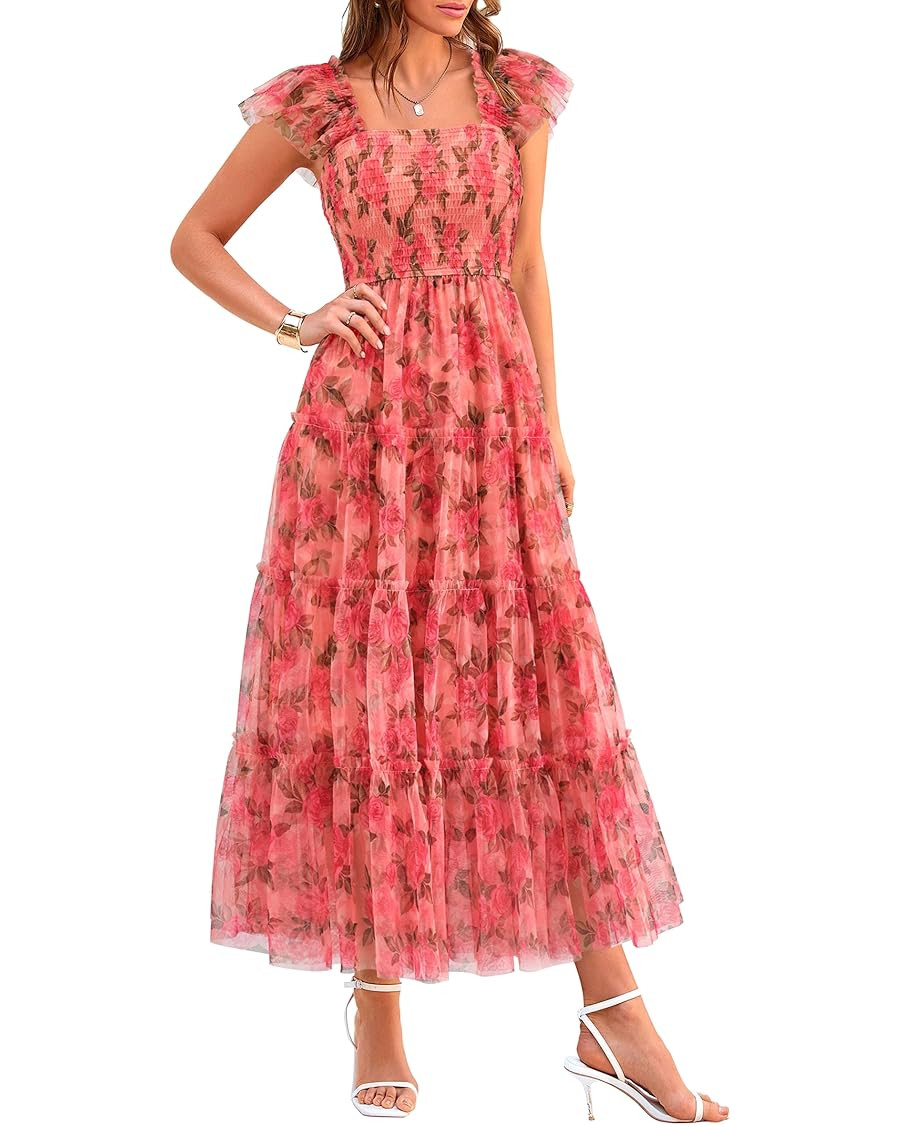 PRETTYGARDEN Women's Summer Tulle Midi Dress Sleeveless Smocked Ruffle Mesh Flowy Dresses Party W... | Amazon (US)