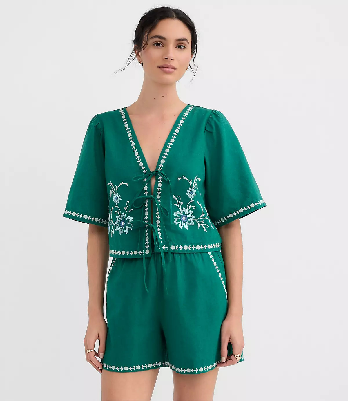 Floral Linen Cotton Bow Blouse | LOFT