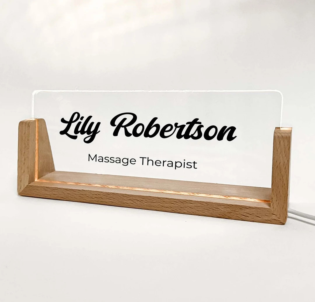 Personalized Desk Name Plate With Wooden Base, Lighted LED Light Nameplate, Desk Accessories, Off... | Etsy (US)