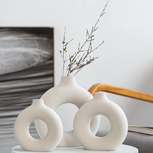 Ceramic Hollow Donut Vase Set of 3 for Pampas Grass | Neutral Modern Home Decor, Small Boho Minim... | Amazon (US)