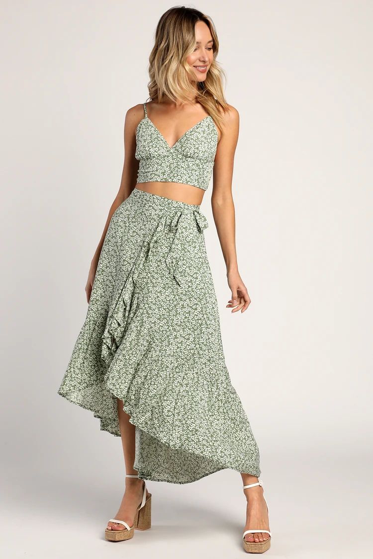 Summer Romance Sage Green Floral Print Two-Piece Midi Dress | Lulus