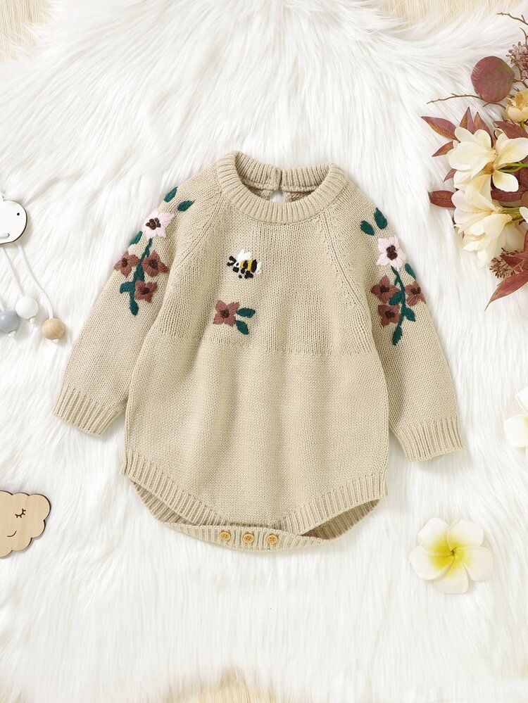 Baby Floral Pattern Raglan Sleeve Knit Bodysuit | SHEIN