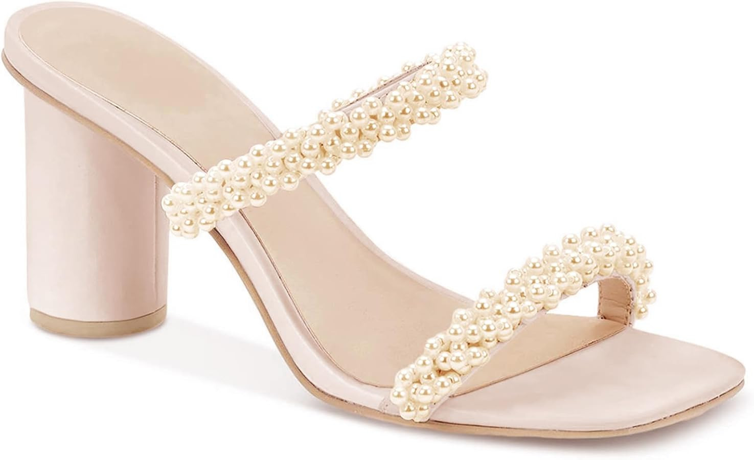 Womens Chunky Heeled Sandals Pearl Strappy Open Square Toe Slip-on Block Heels Backless Mules Sho... | Amazon (US)