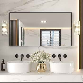 LOAAO 55"X30" Black Rectangle Bathroom Mirror Wall, Matte Black Aluminum Alloy Frame, Tempered Gl... | Amazon (US)