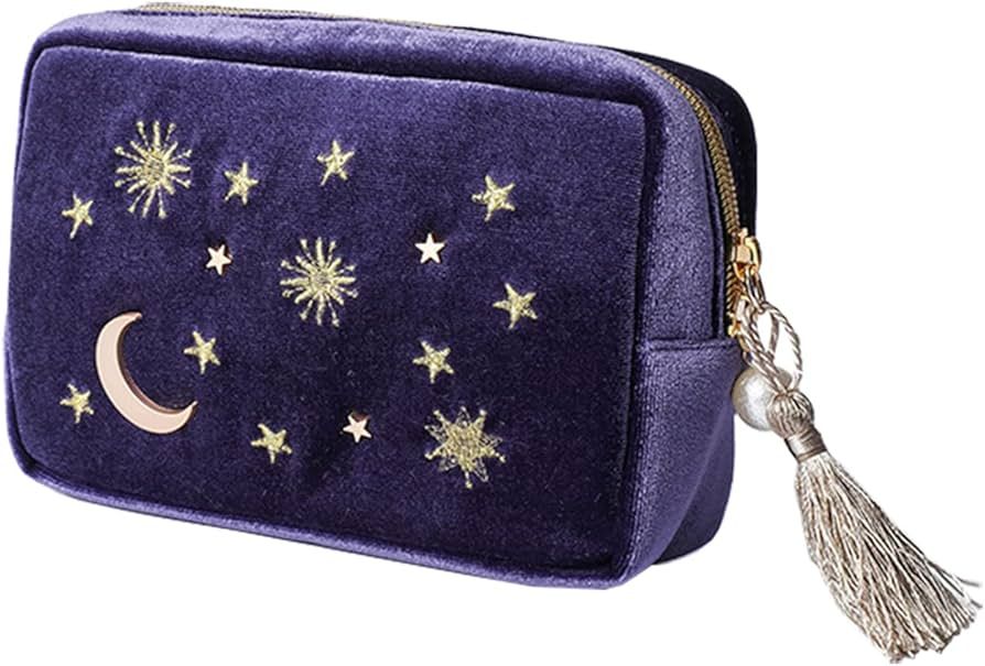 VECANCE Makeup Bag Navy Velvet Embroidered Applique Moon Stars Sun Cosmetic Bag, Make Up Clutch H... | Amazon (US)