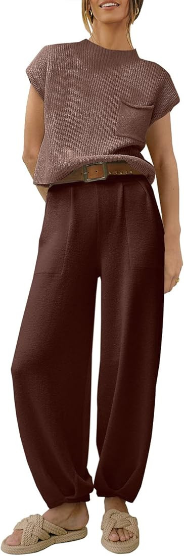 ANRABESS Women's Two Piece Outfits Sweater Sets Knit Pullover Tops and High Waisted Pants Tracksu... | Amazon (US)