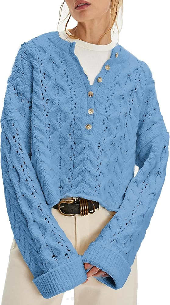 Women's Chunky Cable Knit Sweater Casual Long Sleeve Crewneck Crochet Pullover Boho Fall Winter T... | Amazon (US)