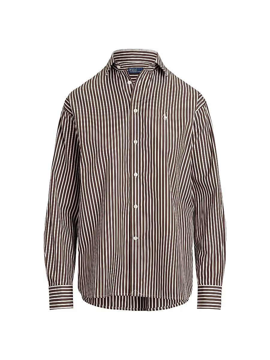 Women's Striped Cotton Relaxed-Fit Shirt - Brown White - Size Large | Saks Fifth Avenue