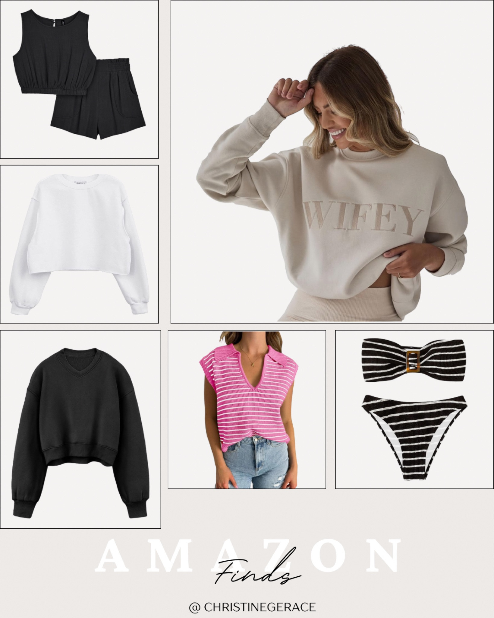 Amazon finds 🤍 wifey sweatshirt, neutral sweatshirt, striped bikini, striped v neck, lounge set 

#LTKFindsUnder50 #LTKSummerSales #LTKStyleTip