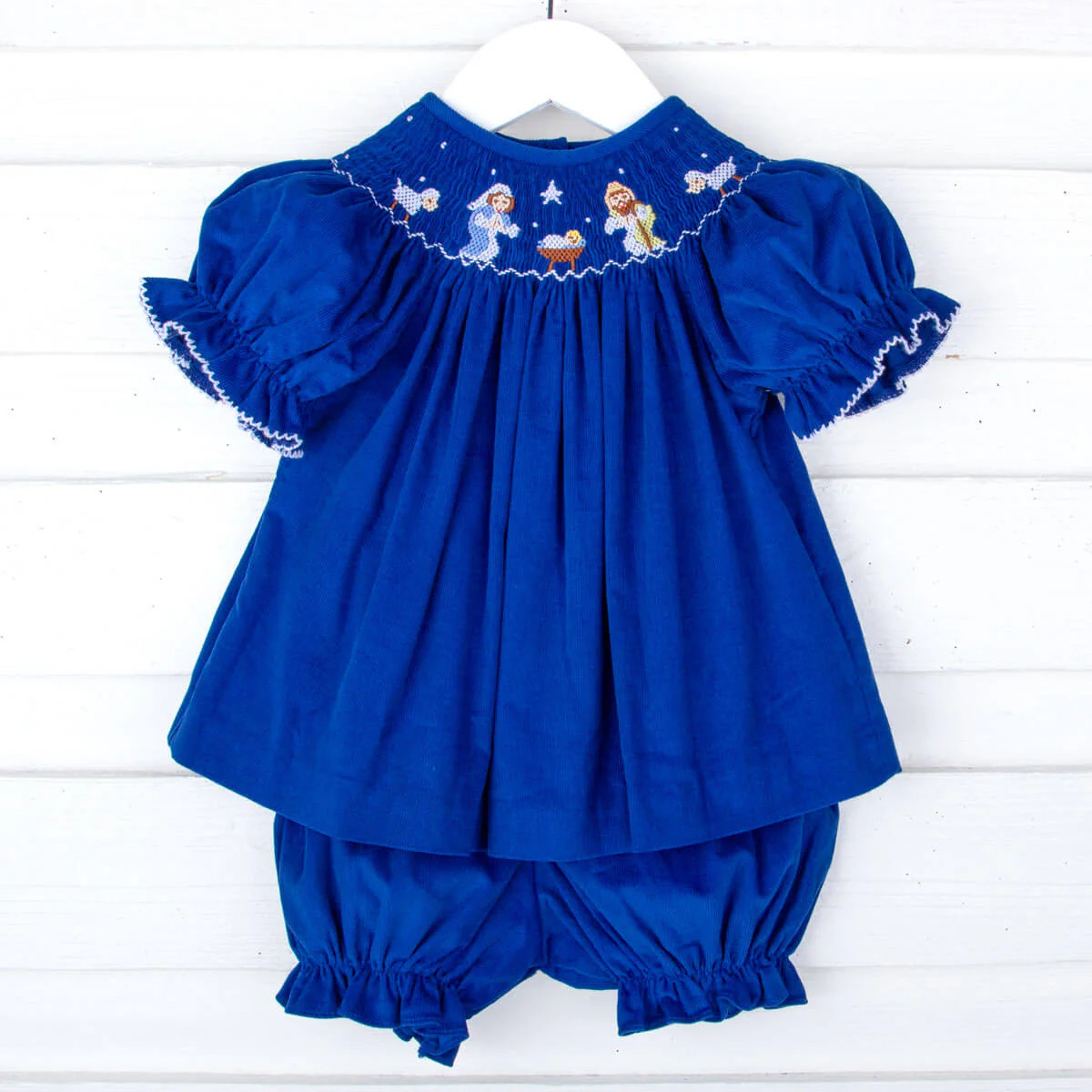 Nativity Smocked Royal Blue Corduroy Bishop Bloomer Set | Classic Whimsy