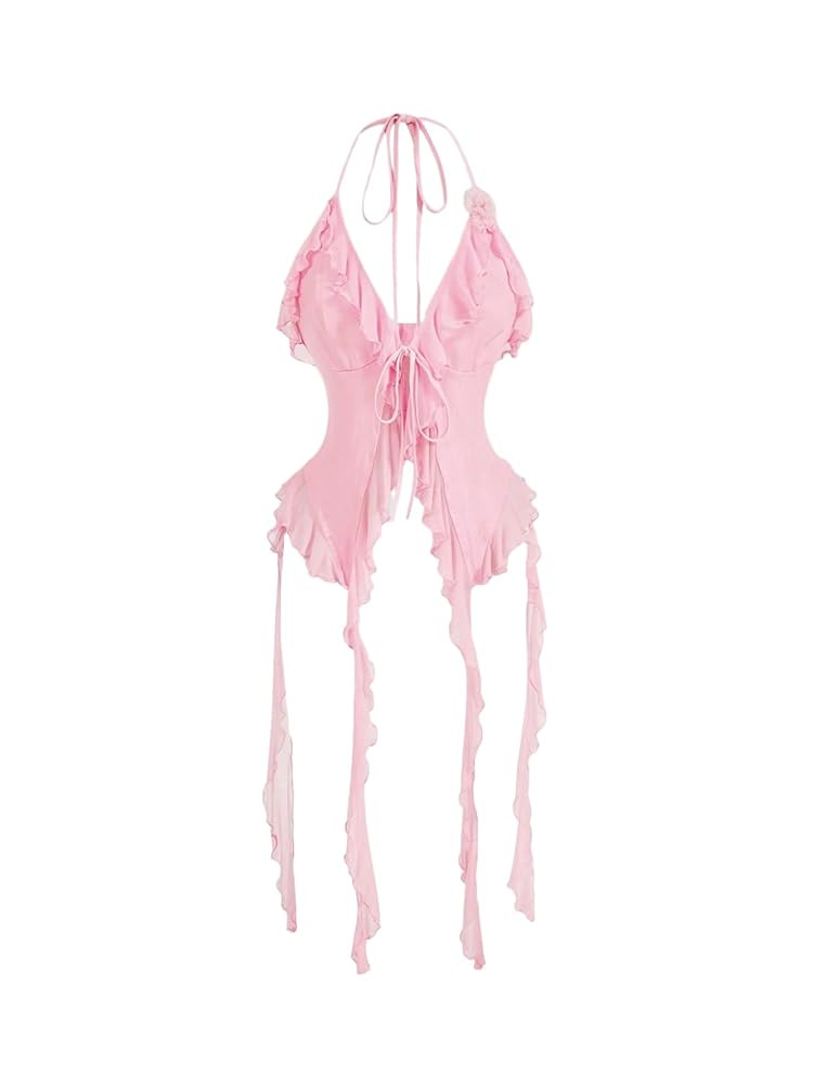 WDIRARA Women's 3D Flower Tie Front Ruffle Trim Halter Top Tie Backless Camisole | Amazon (US)