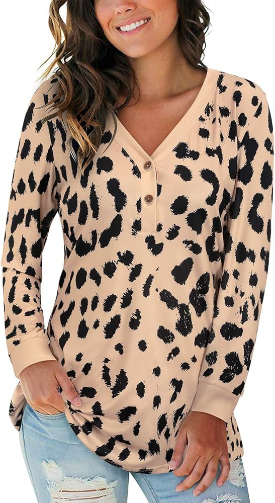 Women's Leopard Print V-Neck Button Camo Causal Long Sleeve Tops Henley Blouse Loose T Shirt | Amazon (US)
