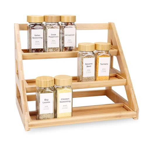 MNADSFKJ Spice Rack Organizer for Cabinet, 3 Tier Spice Rack, Bamboo Spice Organizer for Kitchen Cabinet, Pantry and Countertop Organization- Natural | Amazon (US)