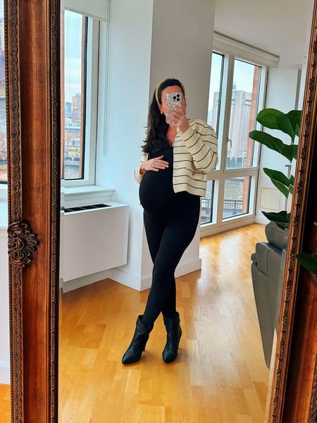 Black jumpsuit, size s. Striped cardigan. Gold headband. Gold earrings. BA&SH booties, older style. Maternity outfit! 

code ANAFLORENTYNA for 20% discount on Bumpsuit website

#LTKSeasonal #LTKbump #LTKstyletip