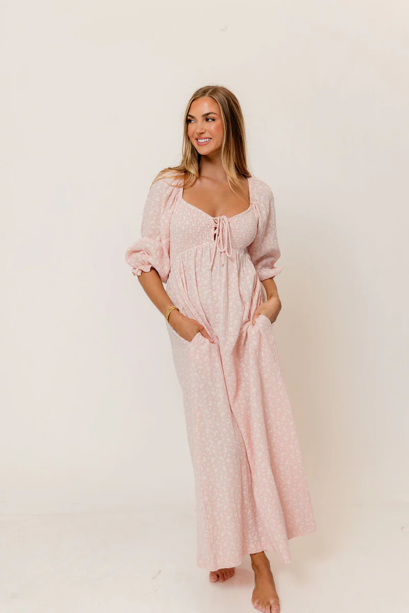 Cecilia 100% Cotton Smocked Maxi Dress in Pale Pink Foliage - Bump Fri | Worth Collective