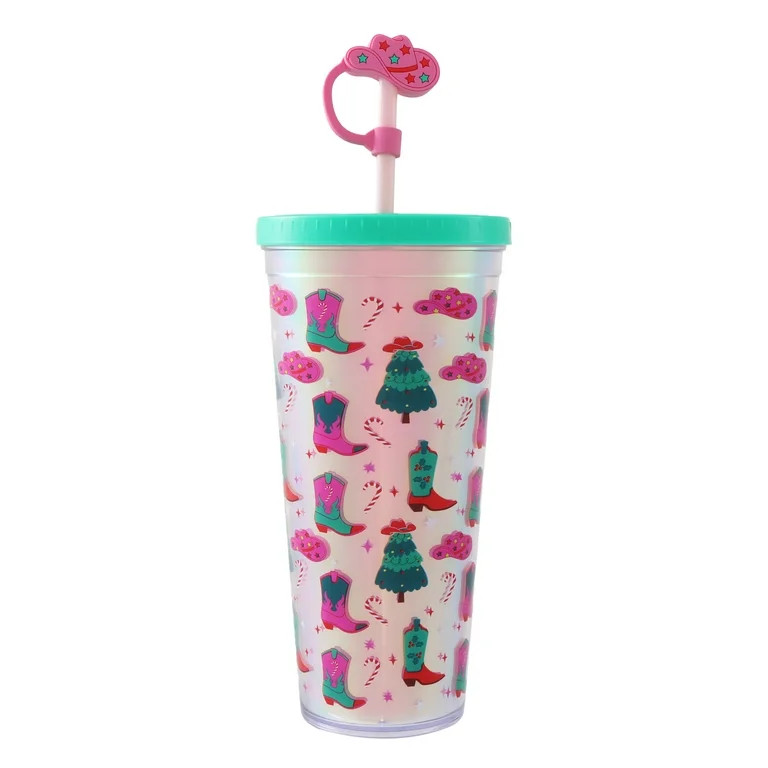 Plastic Double-Walled Cowboy Christmas Tumbler with Straw and Lid, Green and Pink, 25 fl oz, by H... | Walmart (US)