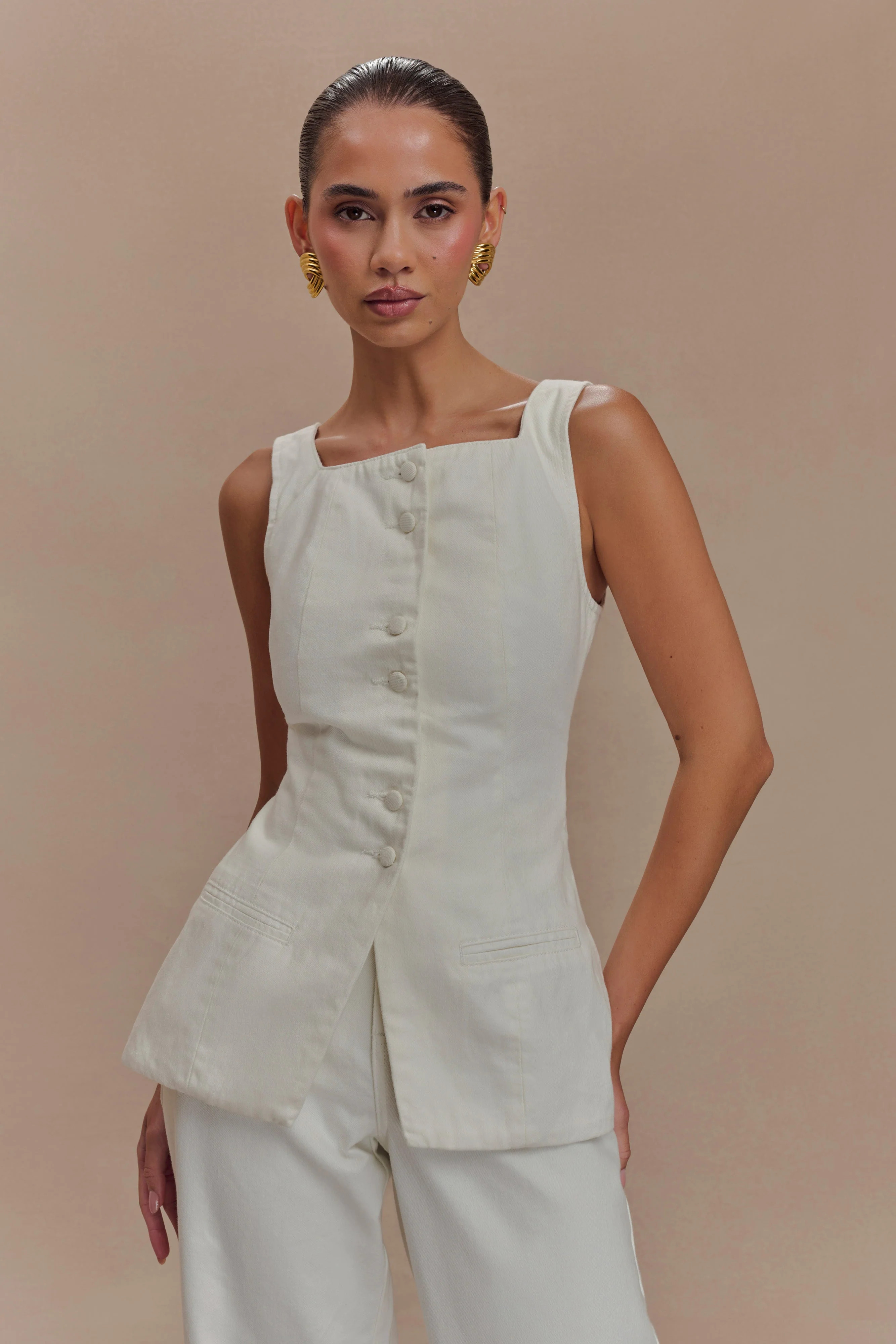 Square Neck Long Line Top - White | MESHKI US