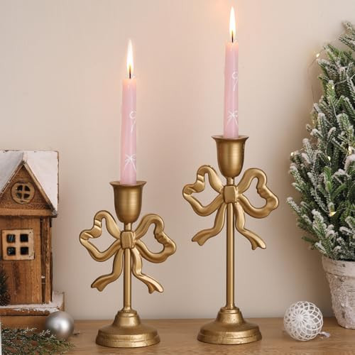 Mumufy 2 Pcs Gold Bow Taper Candlestick Holders Tall Pillar Candle Holders Decorative Candlestick Holder for Home Decor, Wedding, Dinning, Party, 2 Size 10 Inch 8 Inch, Single Sided Bow | Amazon (US)